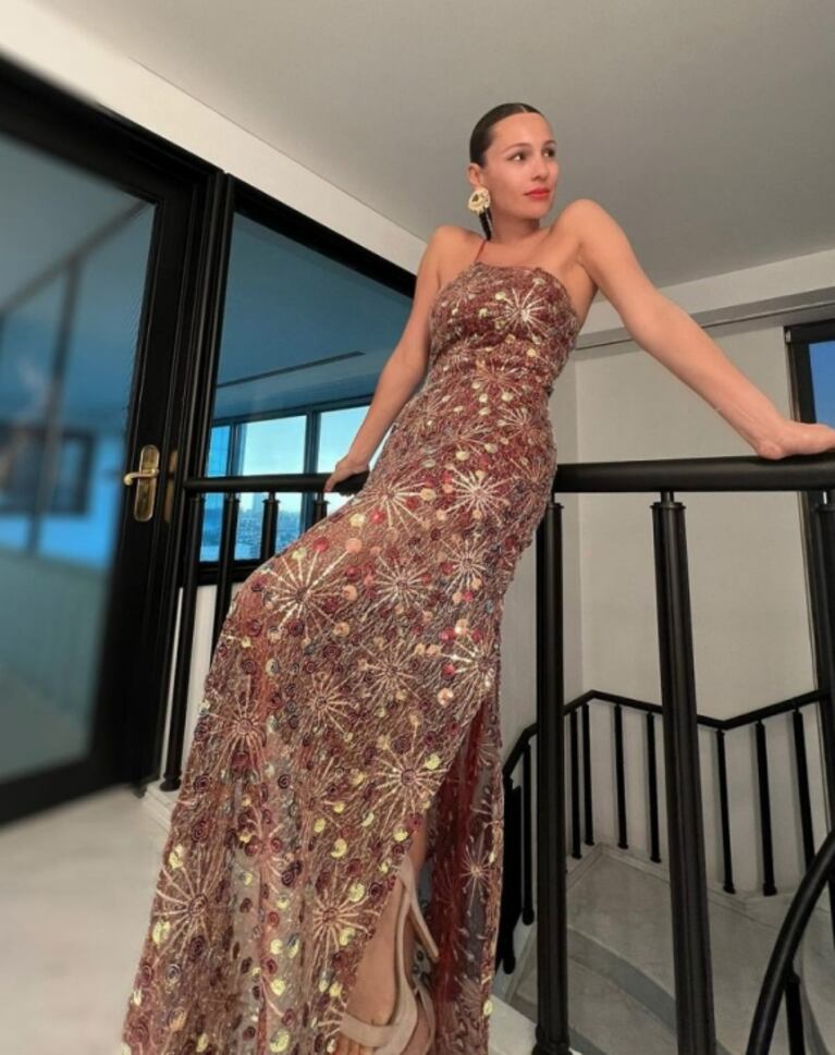 Pampita impactó con un llamativo look de gala: vestido de colores a puro brillo y trencitas en toda la cabeza