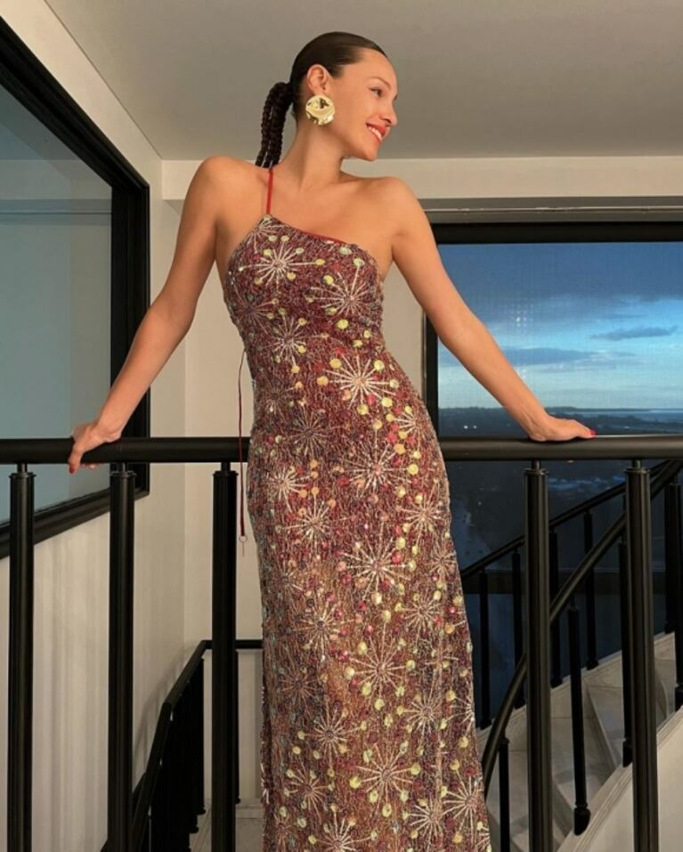 Pampita impactó con un llamativo look de gala: vestido de colores a puro brillo y trencitas en toda la cabeza