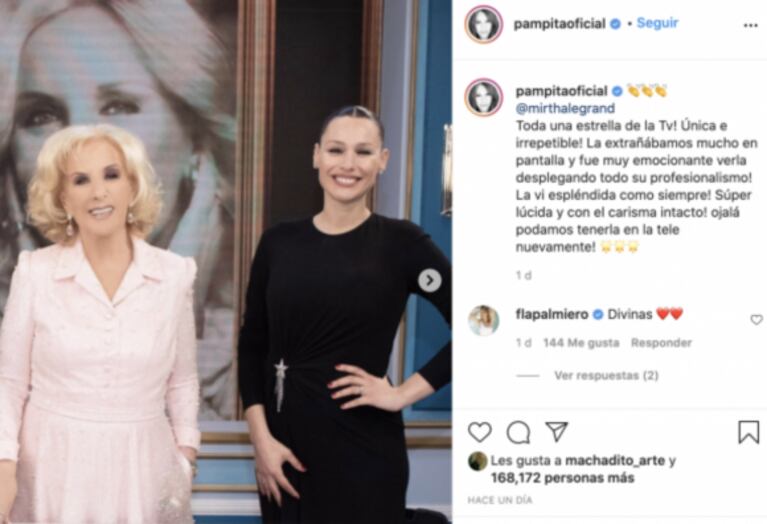 Pampita le dedicó a Mirtha Legrand un tierno mensaje por su vuelta a la TV: "La extrañábamos"