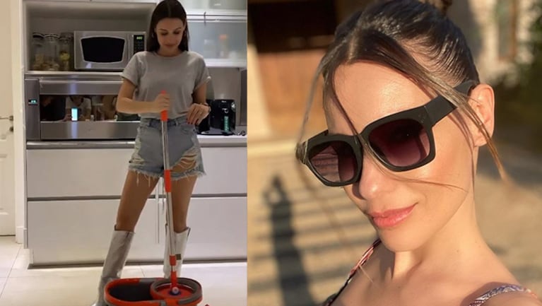Pampita se puso las botas para limpiar su casa.