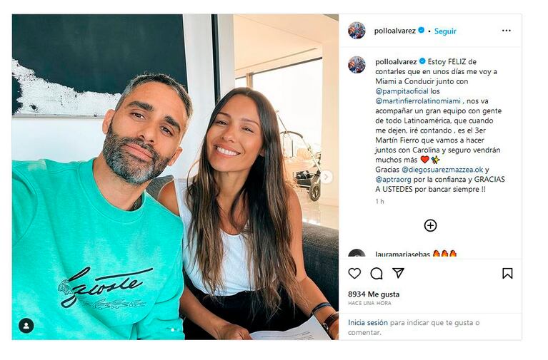 Pampita y el Pollo Álvarez serán los conductores del Martín Fierro de Miami