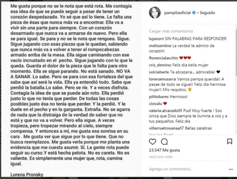 Pampita y un texto desgarrador en el Día de la Mujer: "Ella va a vivir sin una parte para siempre"