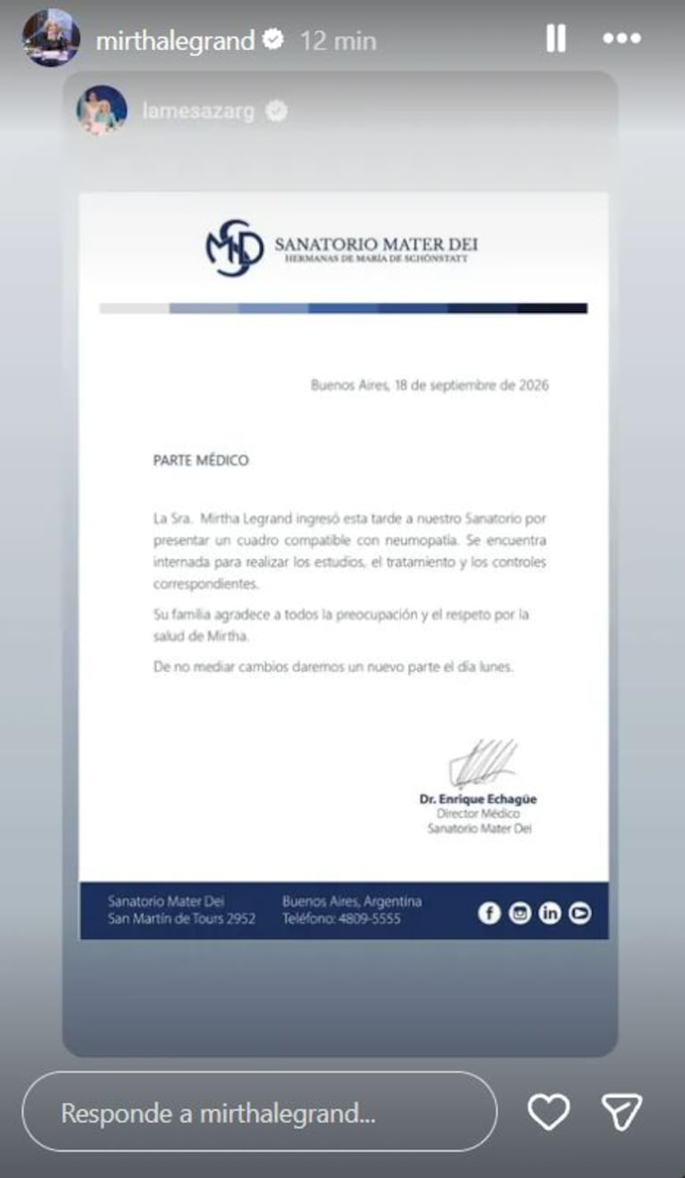Parte médico de la salud de Mirtha Legrand de este viernes 18 de septiembre tras ser ingresada nuevamente al Mater Dei (Foto: captura de Instagram/@mirthalegrand).