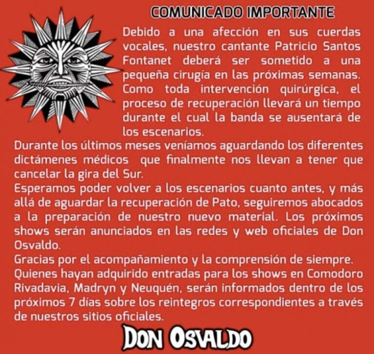 Pato Fontanet será operado de sus cuerdas vocales y se alejará nuevamente de los escenarios: el comunicado