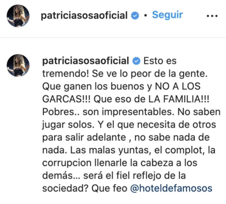 Patricia Sosa se metió en las polémicas por Locho en El hotel de los Famosos: "Se ve lo peor de la gente" 