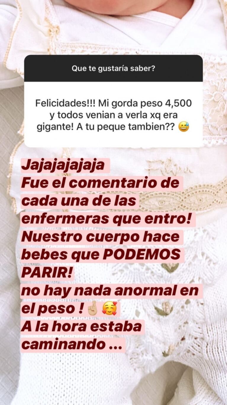 Paula Chaves contó cómo fue el parto de Filipa, quien nació con 4,6 kilos: "Nuestro cuerpo hace bebés que podemos parir"