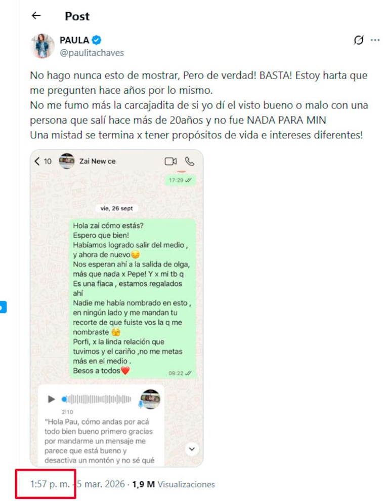 Paula Chaves, furiosa con Zaira Nara (captura de X)