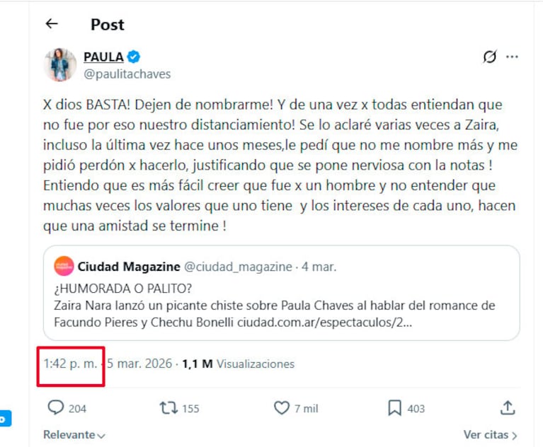 Paula Chaves, furiosa con Zaira Nara (captura de X)