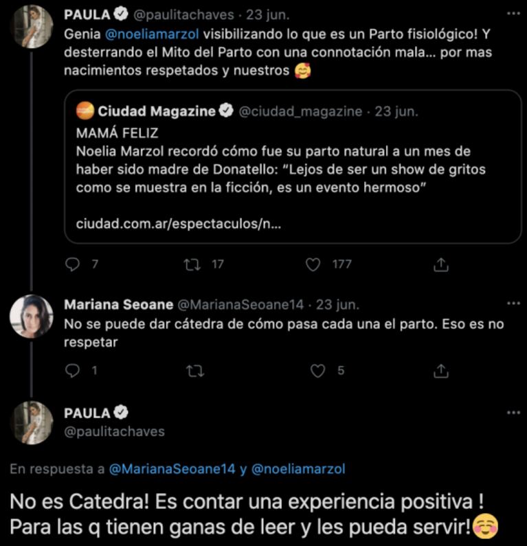 Paula Chaves le agradeció a Noelia Marzol por "desdramatizar" el nacimiento de un hijo: "Visibilizando lo que es un parto fisiológico"