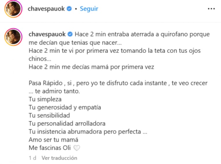 Paula Chaves le dedicó este emotivo posteo a su hija Olivia: "Hace dos minutos te veía nacer"