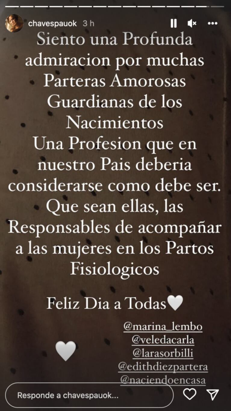Paula Chaves le dedicó un dulce mensaje a la partera de Filipa: "Guardianas de los nacimientos"