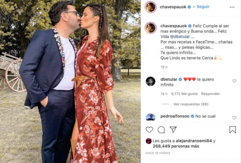 Paula Chaves le dio un "piquito" a Damián Betular, que cumplió 39 años: "Te quiero infinito"