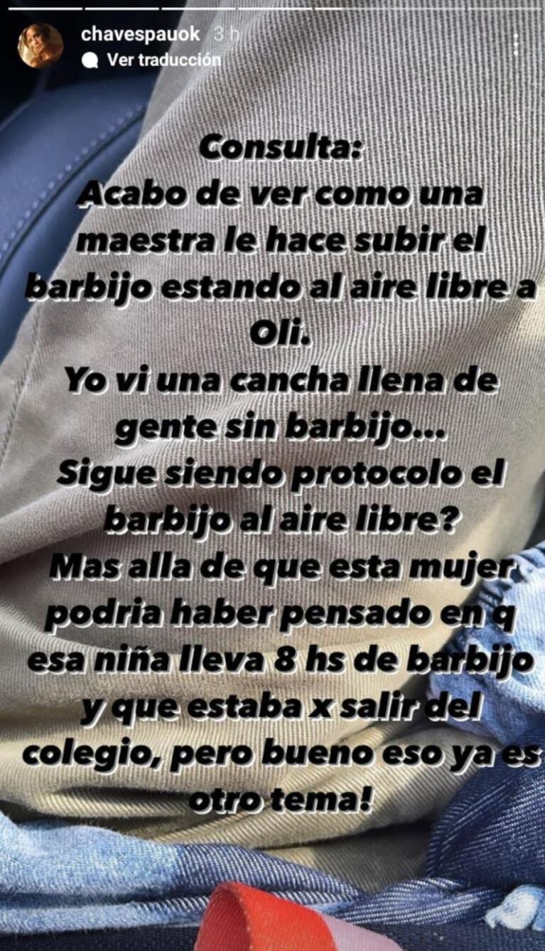 Paula Chaves reaccionó luego de que una maestra le pidiera a su hija ponerse el tapabocas al aire libre: "Vi una cancha llena de gente sin barbijo"