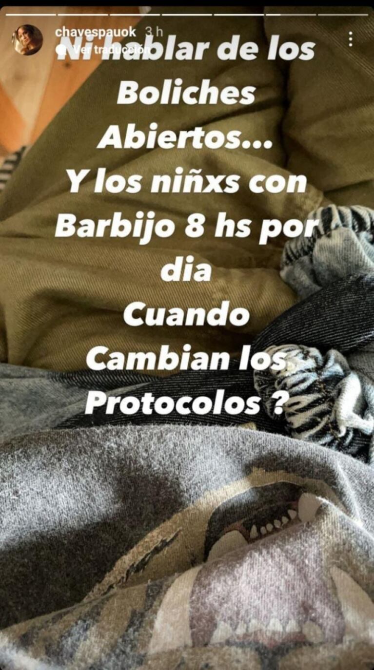Paula Chaves reaccionó luego de que una maestra le pidiera a su hija ponerse el tapabocas al aire libre: "Vi una cancha llena de gente sin barbijo"