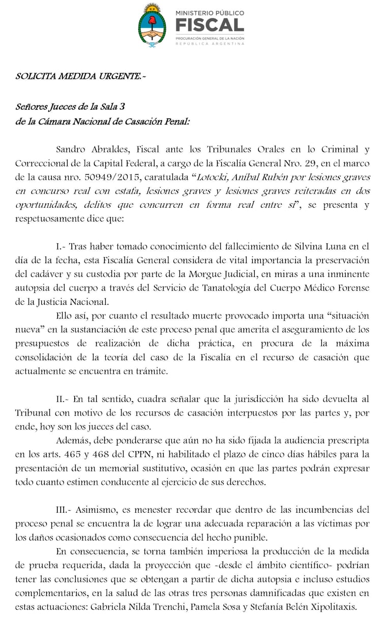 Pedido de la Fiscalía por Silvina Luna tras la muerte de la modelo