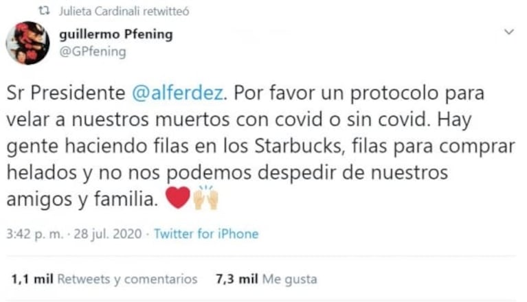 Pedido urgente de Guillermo Pfenning y Julieta Cardinali al presidente: "Un protocolo para velar a nuestros muertos"