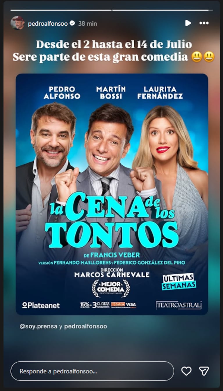 Pedro Alfonso promocionó su incorporación a La Cena de los Tontos.