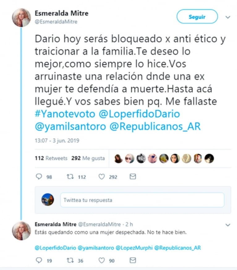 Picante catarata de tweets de Esmeralda Mitre contra su exmarido, Darío Lopérfido: "Estás quedando como..."