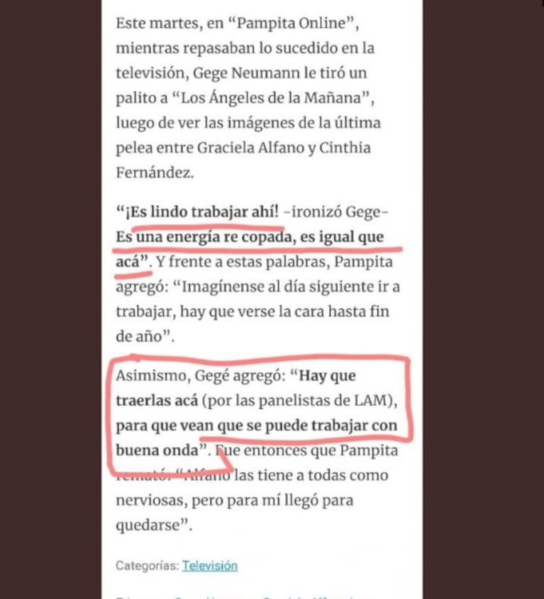 Picante chicana de Ángel de Brito a Gege Neumann, luego de que la panelista de Pampita Online criticara a LAM