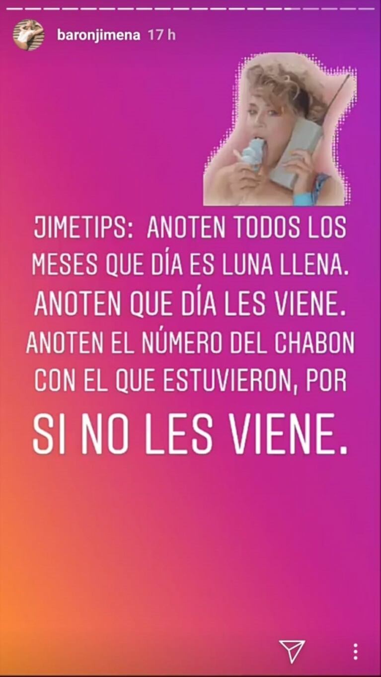 Picante consejo de Jimena Barón: "Anoten el teléfono del chabón con el que estuvieron por si no les viene"