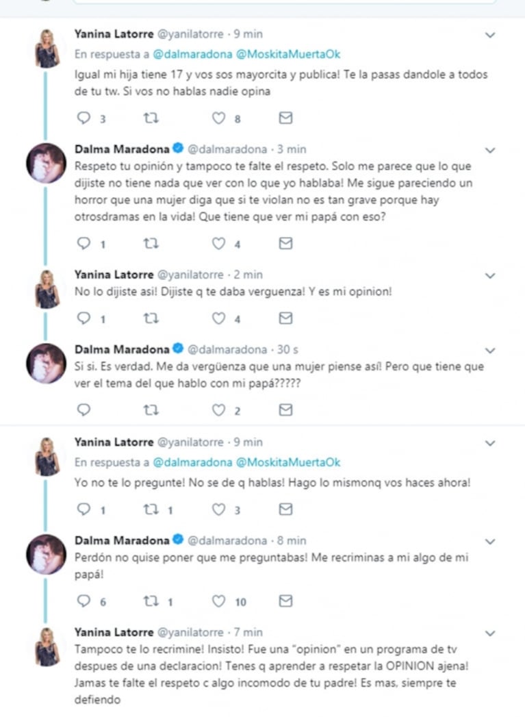 Picante cruce de Dalma Maradona con Yanina Latorre en Twitter: "¡Me recriminás a mí algo de mi papá!"