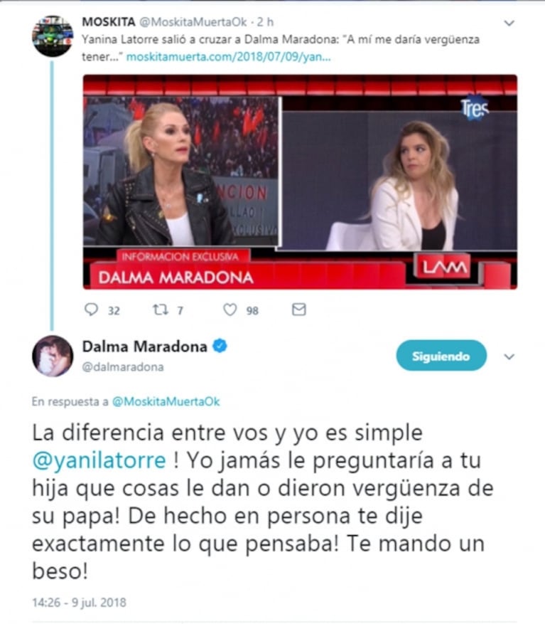 Picante cruce de Dalma Maradona con Yanina Latorre en Twitter: "¡Me recriminás a mí algo de mi papá!"