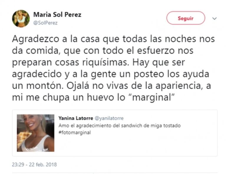 Picante cruce de Sol Pérez con Yanina Latorre: "Ojalá no vivas de la apariencia, a mí me chu… un hue… lo marginal" 