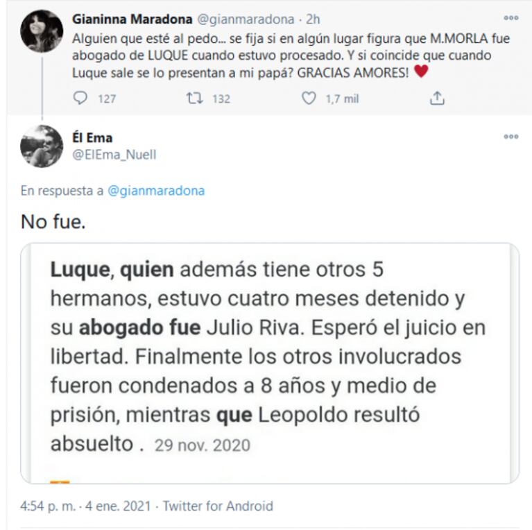 Picante duda de Gianinna Maradona sobre Matías Morla: "¿Fue abogado de Leopoldo Luque cuando estuvo procesado?"