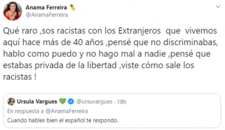 Picante ida y vuelta entre Úrsula Vargués y Anamá Ferreira en Twitter: "Cuando hables bien el español, te respondo"