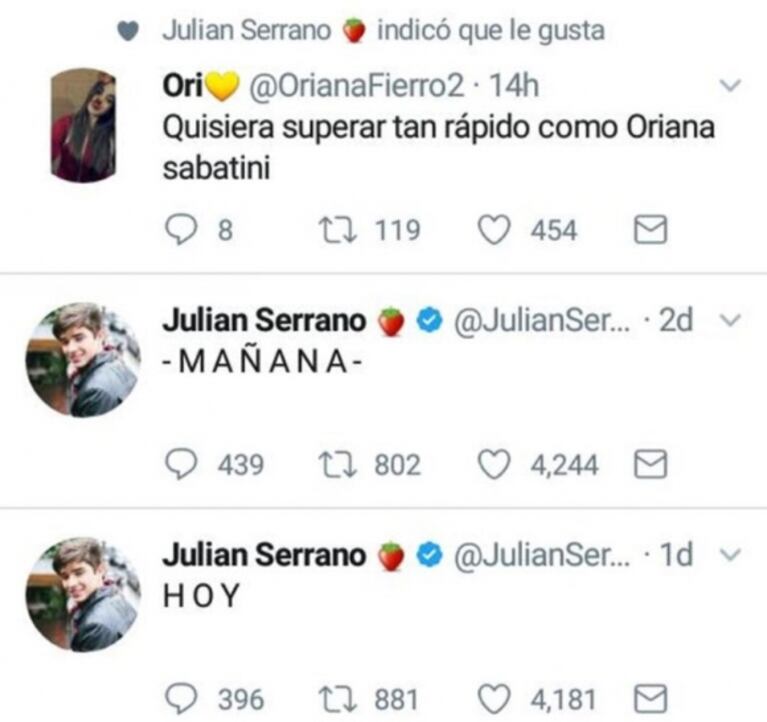 Picante "me gusta" de Julián Serrano sobre Oriana Sabatini en medio de los rumores de affaire con Paulo Dybala… ¡que luego eliminó!