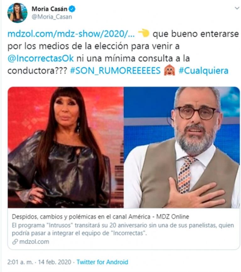 Picante mensaje de Moria Casán por la llegada de Angie Balbiani a Incorrectas: "¿Ni una mínima consulta a la conductora?"