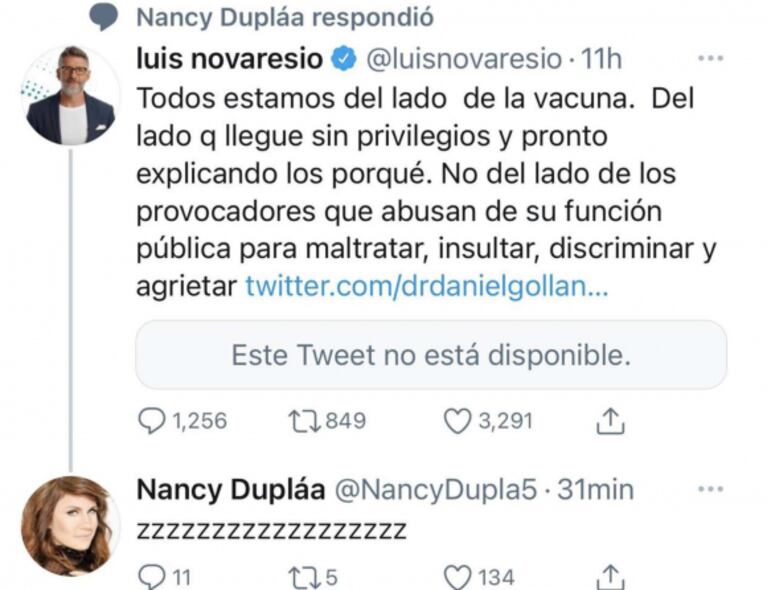 Picante mensaje de Nancy Dupláa a Luis Novaresio, que se arrepintió y borró: "Zzzzzzzz..."
