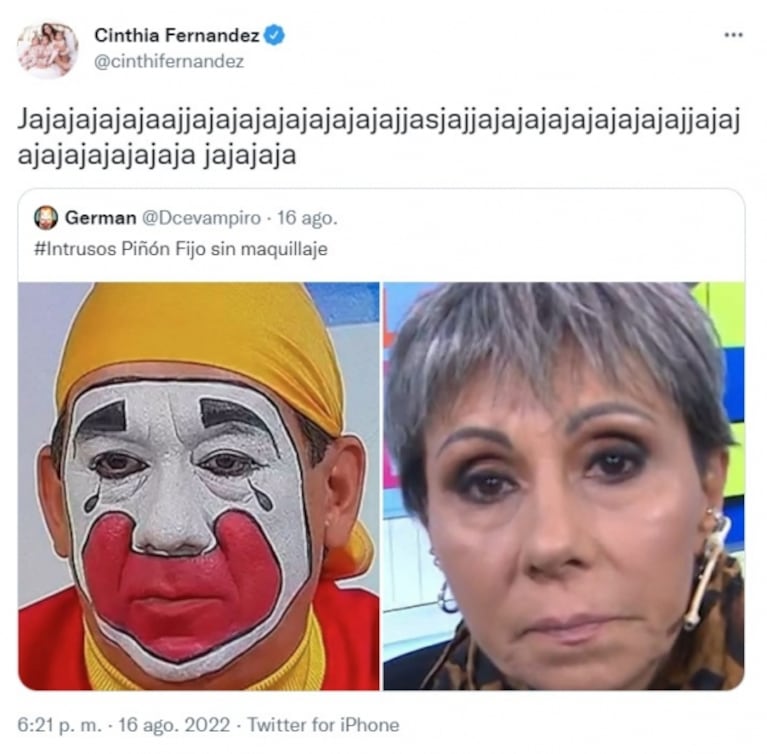 Picante reacción de Cinthia Fernández al ver un meme de su exsuegra y Piñón Fijo