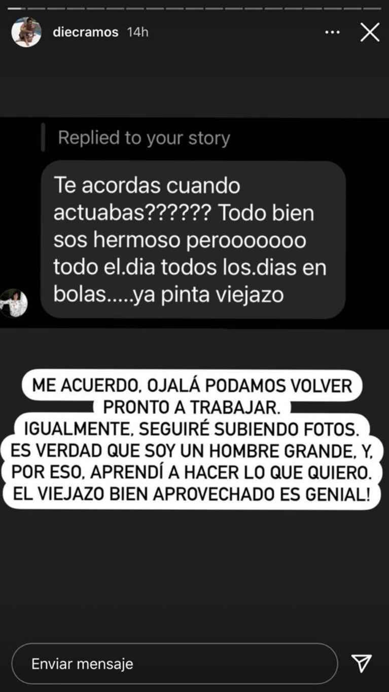 Picante reacción de Diego Ramos ante una mujer que le reprochó sus fotos sexies: "¿Te acordás cuando actuabas?"