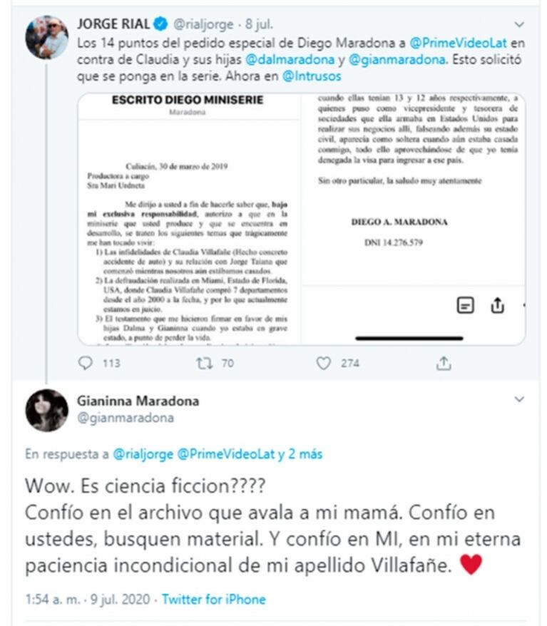 Picante reacción de Gianinna Maradona ante los polémicos hechos que Diego pidió en su serie: "Wow, ¿es ciencia ficción?"