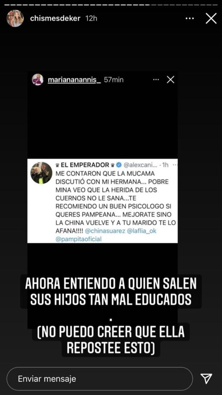 Picante reacción de Mariana Nannis ante el escandaloso tweet de Alex Caniggia contra Pampita: compartió el mensaje de su hijo 