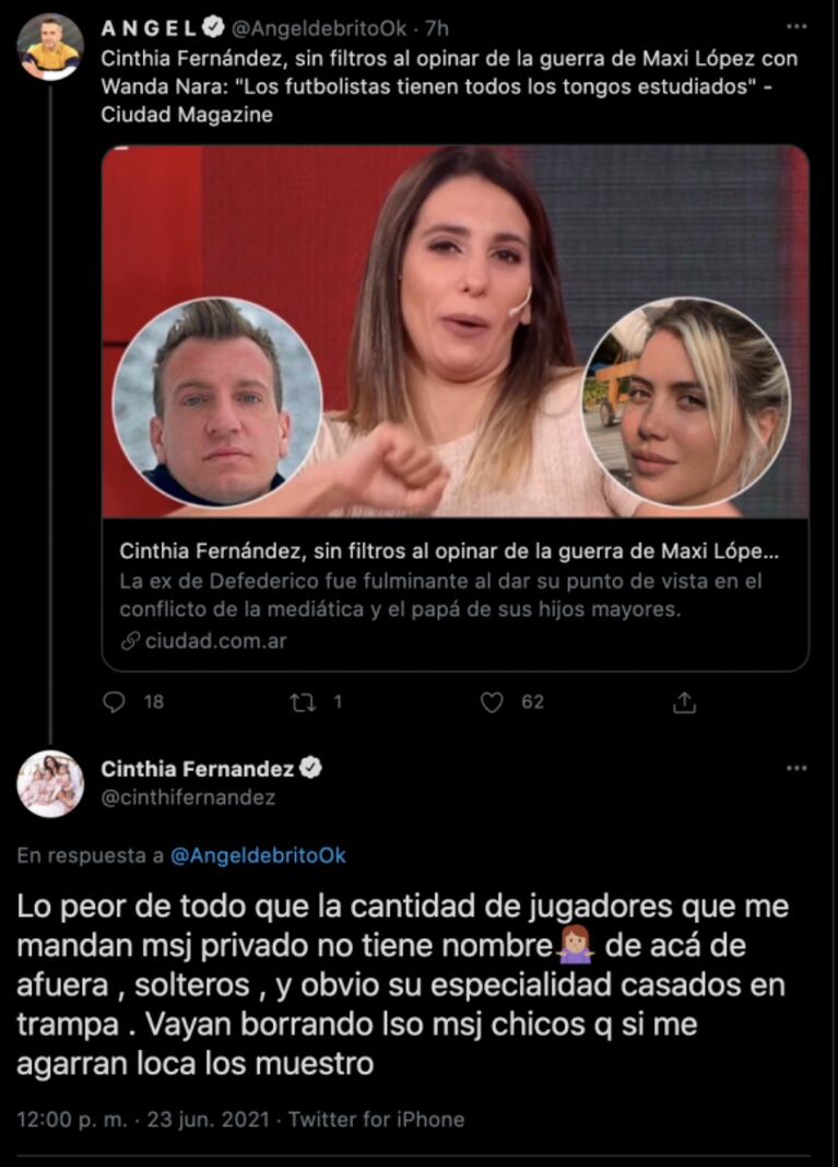 Picante revelación de Cinthia Fernández sobre los futbolistas que le escriben por privado: "Casados en trampa"