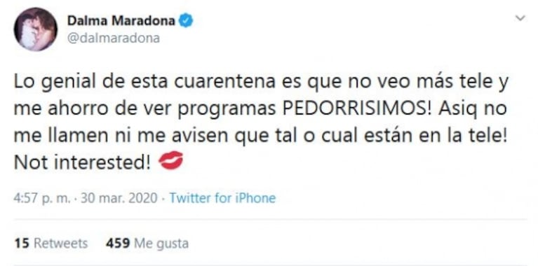 Picante tweet de Dalma Maradona contra los "programa pedorrísimos": "No me llamen ni me avisen quién está"