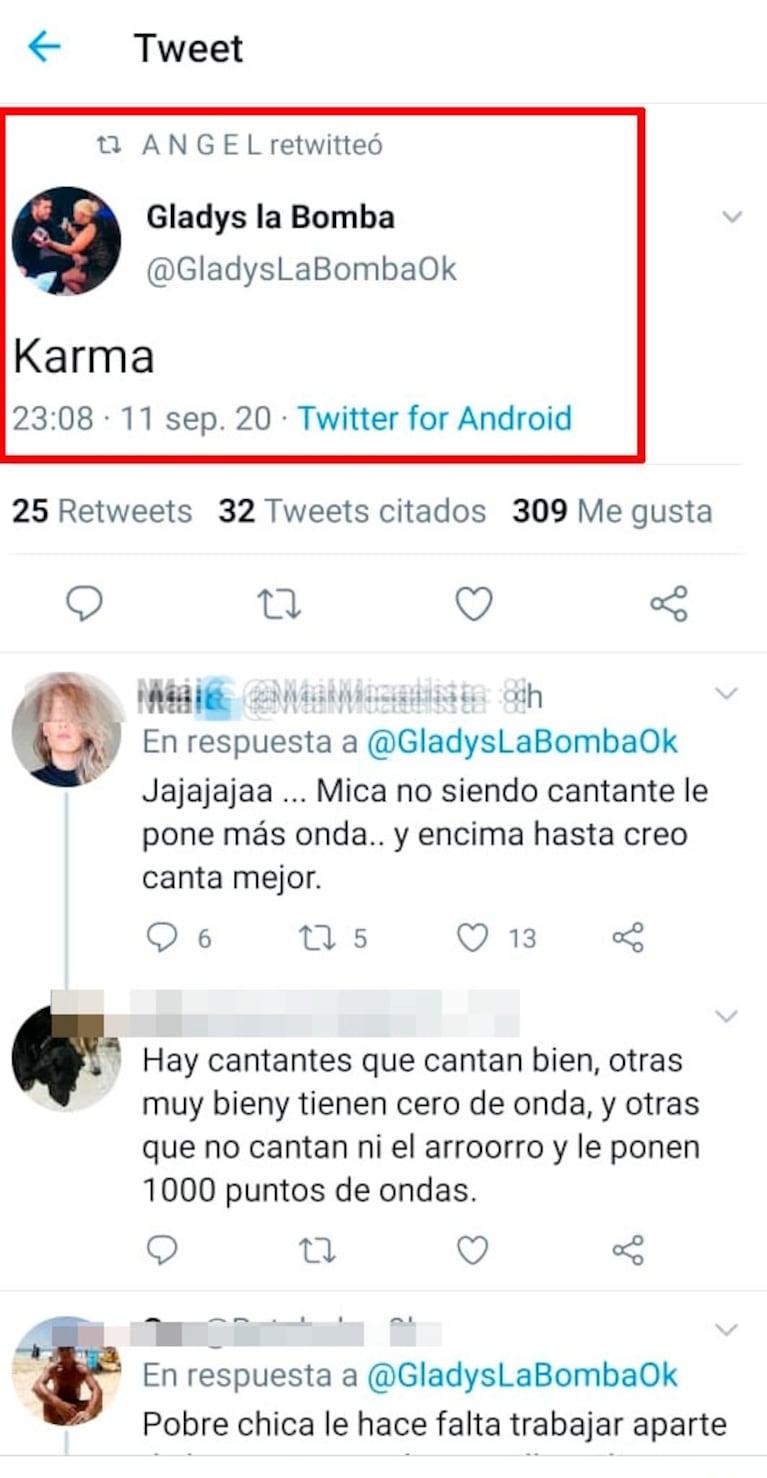 Picante tweet de Gladys la Bomba Tucumana tras el debut de Mica Viciconte en Cantando 2020: "Karma"