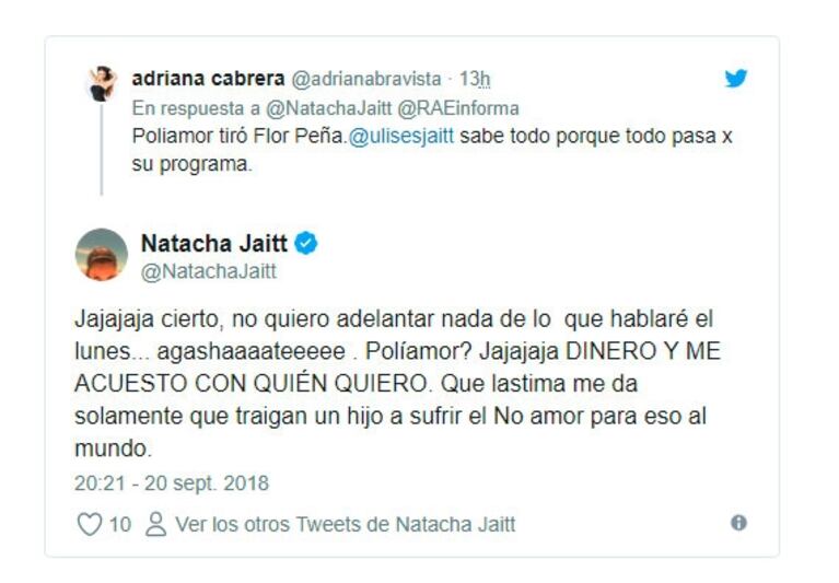 Picante tweet de Natacha Jaitt: "¿Poliamor? Dinero y me acuesto con quien quiero"