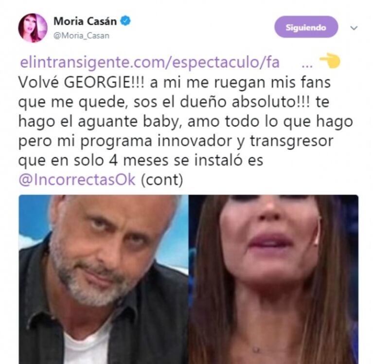 Picante tweet de Rial y respuesta de Moria Casán sin filtro: "¡Volvé, George! A mí mis fans me ruegan que me quede"