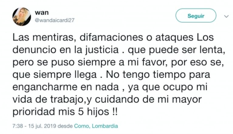 Picante tweet de Wanda Nara tras las duras acusaciones de Maxi López: "Yo ocupo mi vida con trabajo y cuidando de mi mayor prioridad: ¡mis 5 hijos!"