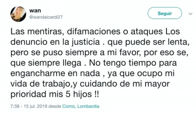 Picante tweet de Wanda Nara tras las duras acusaciones de Maxi López: "Yo ocupo mi vida con trabajo y cuidando de mi mayor prioridad: ¡mis 5 hijos!"