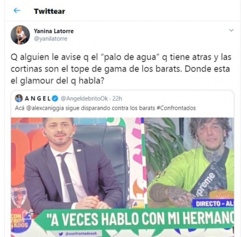 Picante tweet de Yanina Latorre al ver a Alex Caniggia en TV: "¿Dónde está el glamour del que habla?"