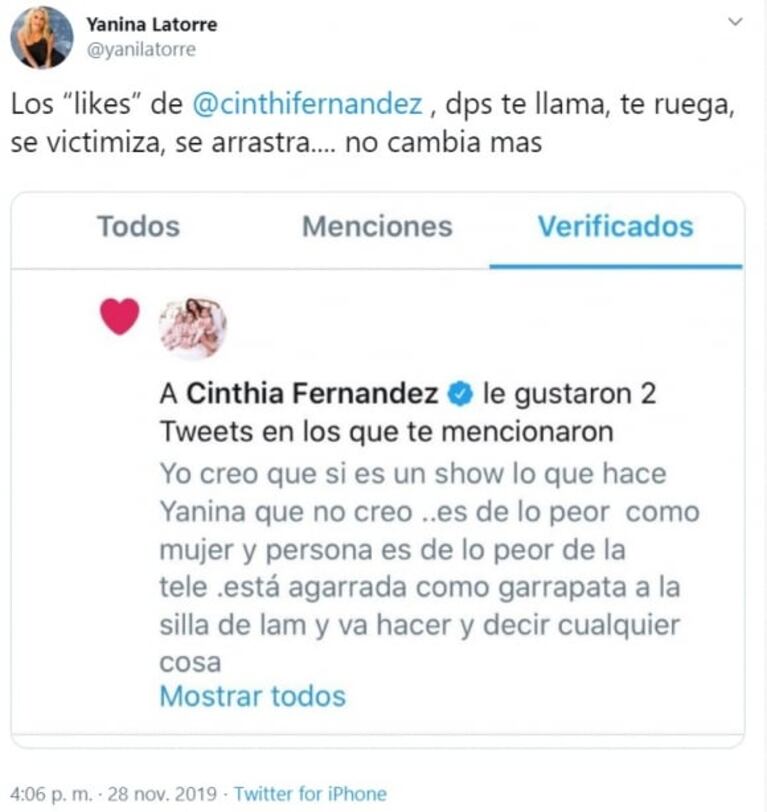 Picantes likes de Cinthia Fernández sobre Yanina Latorre y dura réplica de la panelista: "Después se arrastra"