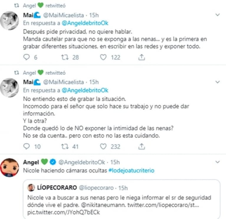 Picantes retweets de Ángel de Brito contra Nicole Neumann por su cámara oculta en el edificio de Fabián Cubero