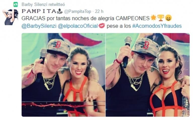 Picantes retweets y "me gusta" de Barby Silenzi tras perder junto al Polaco la final de Bailando 2016: "Acomodos y fraudes"