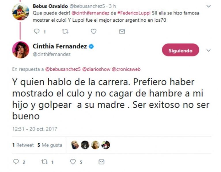 Picantes tweets de Cinthia Fernández tras la muerte de Federico Luppi