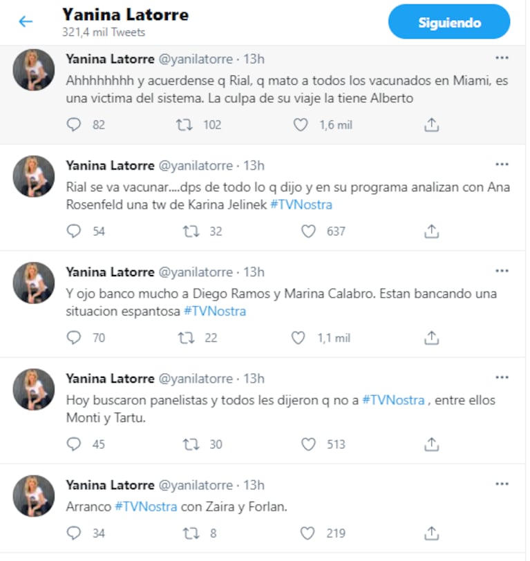 Picantes tweets de Yanina Latorre en pleno viaje de Rial a Miami para vacunarse contra el covid: "Buscaron panelistas y todos dijeron que no"