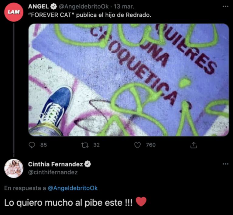 Picantísima reacción de Cinthia Fernández al "forever cat" del hijo de Martín Redrado ¿a Salazar?: "Lo quiero mucho al pibe este"